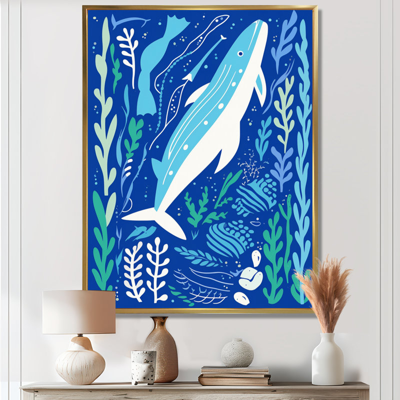 Deep Ocean Whale Retro Illustration - Whale Animal Wall Art Print, 40" H x 30" W, Gold Floater Framed, Canvas