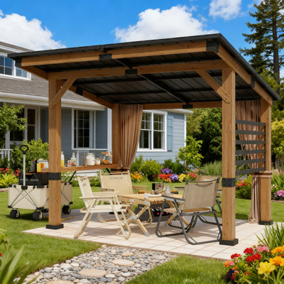 Pavillon de jardin en bois de cèdre 10 po x 11 pi avec panneaux de toit en acier et métal - Pavillon extérieur permanent pour le jardin, le patio et la terrasse, la cour et la pelouse