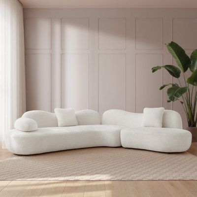 128" Modern Curved Sectional Sofa, Butterfly Backrest, Boucle 5-Seater With 3 Pillows, Solid Wood Frame & Steel Springs