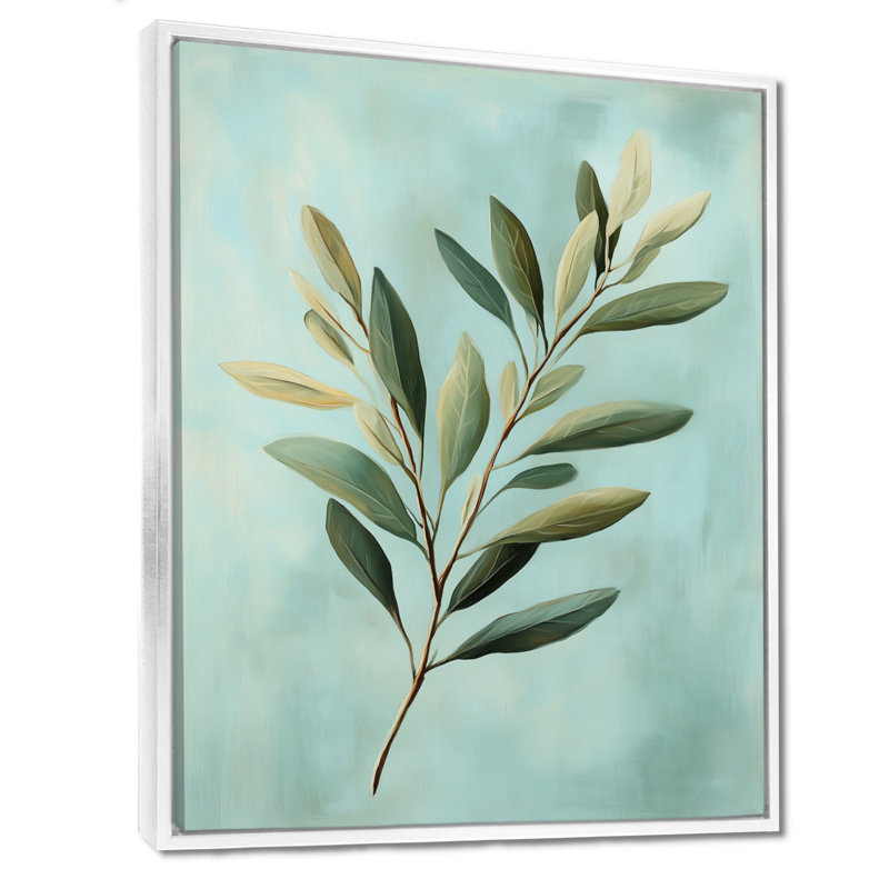 Feuilles ensoleillées sur fond bleu - Impression sur toile botanique, H 32 po x l 24 po, Cadre flottant blanc