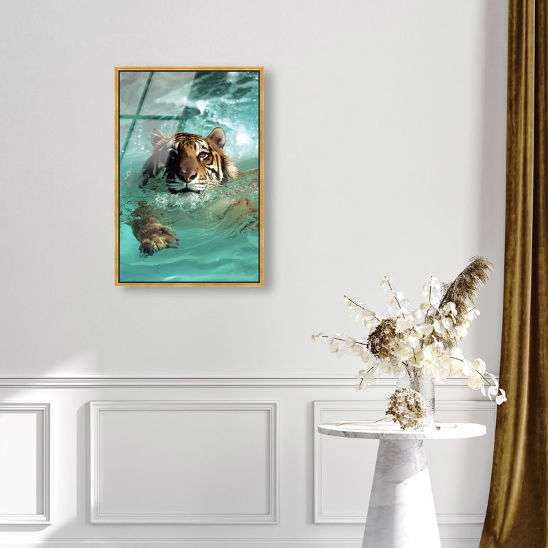 Oliver Gal Feline Pool Dip Animals - Framed Acrylic Glass Wall Art, Black, 24" H x 16" W