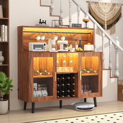 Wine Bar Cabinet With Led Lights, Coffee Bar For Liquor, Alcohol Cabinet W/Glass Rack And Removable Wine Racks, Home Bar Buffet Cabinet W/Storage For