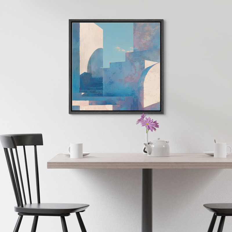 «Upstairs Collages», œuvre d'art abstraite bleue, H 16 po x l 16 po, Cadre flottant noir