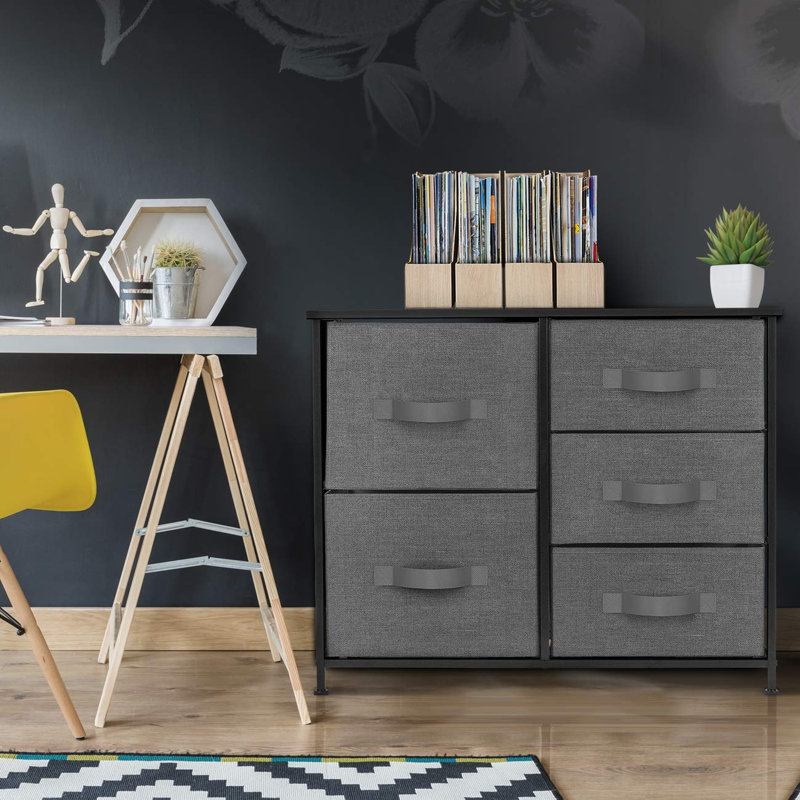 Sorbus 5 Drawers Dresser with Steel Frame and Wood Top, Black
