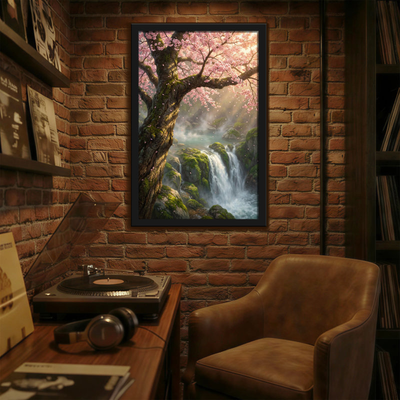 Plants & Flowers Cherry Blossom Tree Waterfall Landscape Spring Nature Art Print, 18" H x 12" W