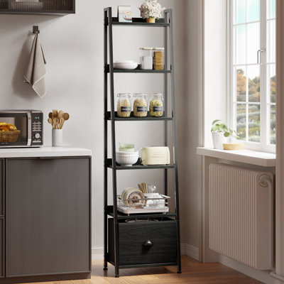 Ladder Shelf,Ladder Bookshelf with Drawer,Industrial Tall Bookcase,Storage Rack Organizer,Wood Metal Freestanding Shelves for Living Room, Home Office, Bedroom