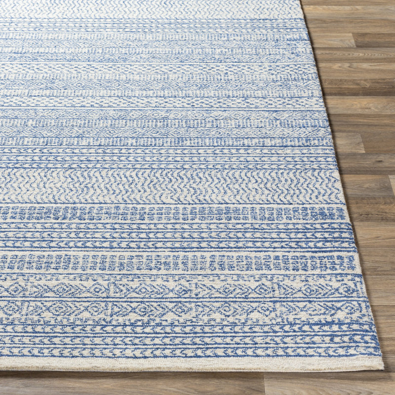Abdera Hand-Tufted Wool Dark Blue/Ivory Rug, Rectangle 9' x 12'