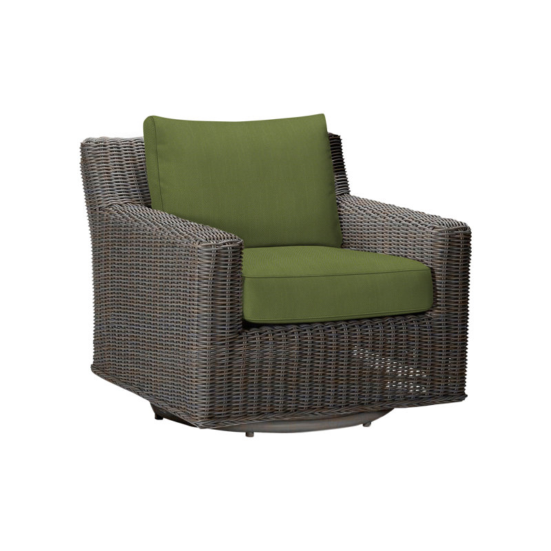 Rustic Swivel Patio Chair with Cushions, Linen Forest, Black Walnut, Welt