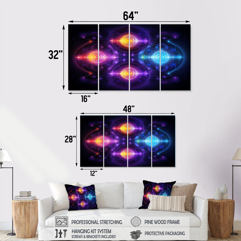 Chakra Cinquième mouvement méditation - art mural géométrique 4 pièces, H 32 po x l 64 po