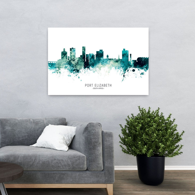 Aquarelle, Port Elizabeth, paysage urbain abstrait, architecture moderne et vibrante, art mural, H 32 po x l 48 po