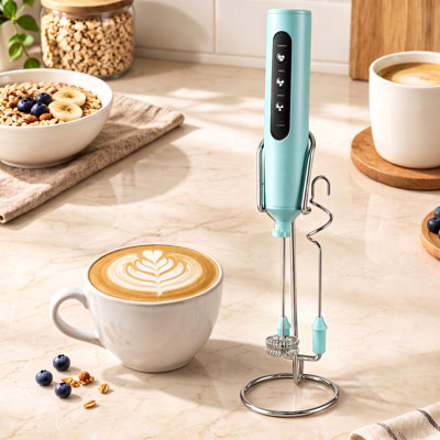 Rechargeable Milk Frother with Stand, 4 Interchangeable Whisks & Travel Case, Handheld Electric Drink Mixer for Lattes, Matcha, Hot Chocolate, Eggs & Protein Shakes