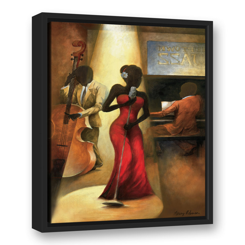 Chanteuse de jazz en rouge sur toile, H 21,75 po x l 17,75 po x P 1,75 po, Cadre flottant noir