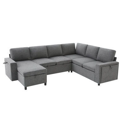 Canapé-lit modulaire en U convertible avec rangement, chargeur USB et porte-gobelets, canapé-lit en chenille rembourré pour le salon, gris