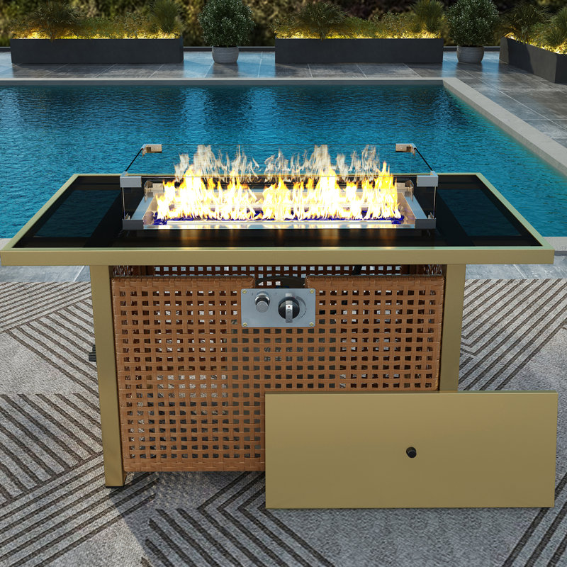 60000 Outdoor Garden Fire Pit Table, 43" Rectangular Open Weave , Glass Wind Guard For Patio Deck Backyard - Orange Yellow Tinge Table With  Stones, Propane, & Mustard