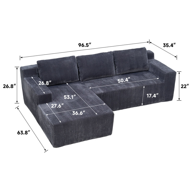 Canapé d'angle modulaire compressé en velours côtelé en forme de L, Gris foncé