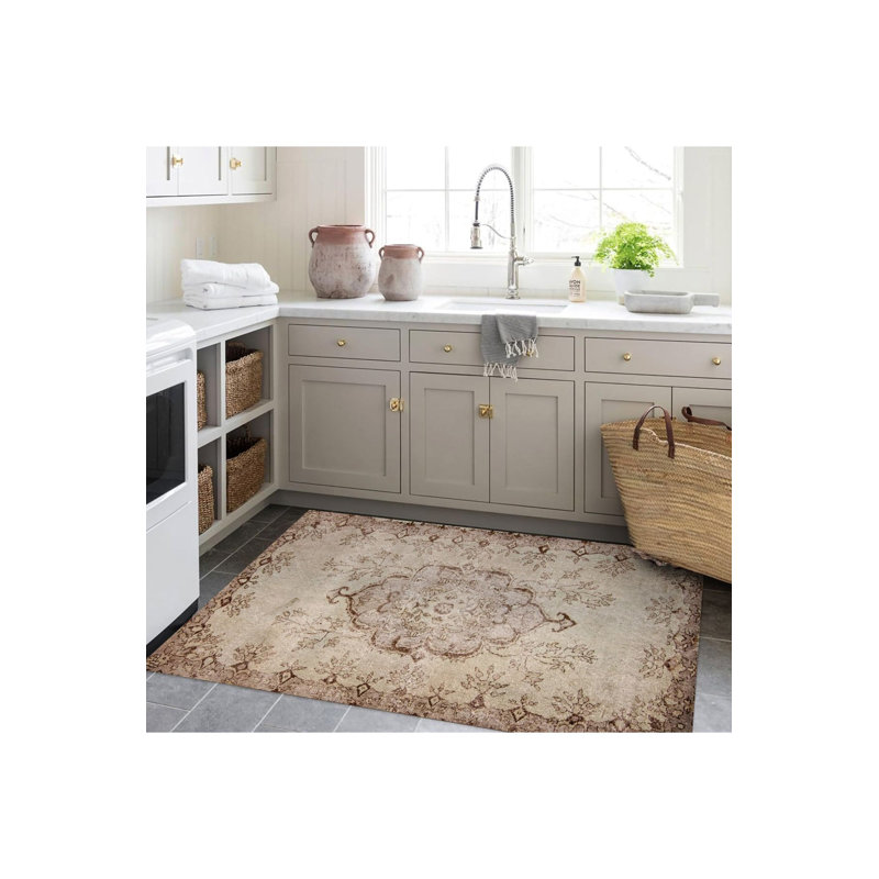 Tapis beige délavé à motif tissé délavé à la base, Tapis de couloir 3 pi 3 po x 6 pi 7 po