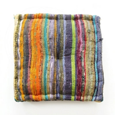 Square Chindi Fabric Pouf with Slim Profile and Polyester Filling