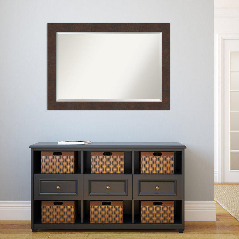 Woodgrain Walnut Brown Rectangular Bathroom Vanity Mirror with Silver Accents