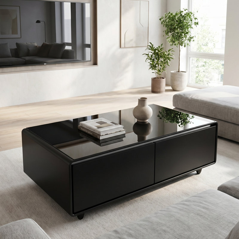 Table basse intelligente avec tiroirs de réfrigérateur intégrés, rangement dissimulé et prise de courant, Noir