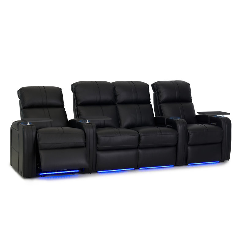 Upholstered Home Theater Seat with Cup Holder, Black, Genuine Leather
