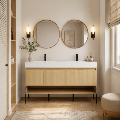 Ensemble de meuble-lavabo 60 po avec double lavabo en résine, 4 portes à fermeture douce, ensemble de meuble-lavabo en bois massif multicouche finition chêne pour salle de bain principale