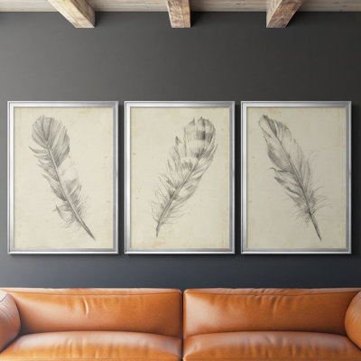 Feather Sketch I  -Custom Framed  Wrapped Gallery Canvas - 3 Pieces