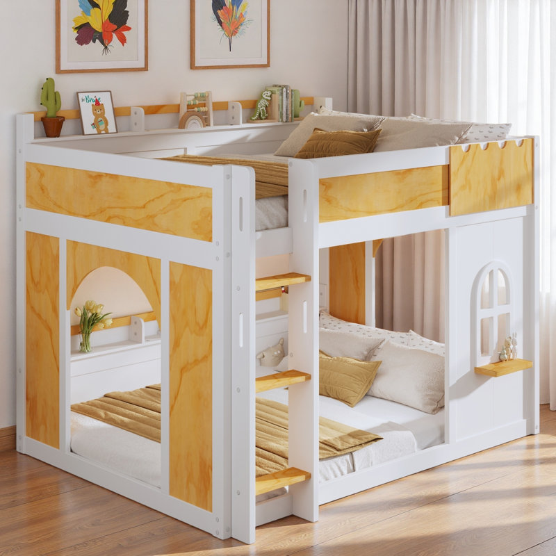 Lit superposé avec tablettes de rangement, fenêtre et 2 portes, Double sur double