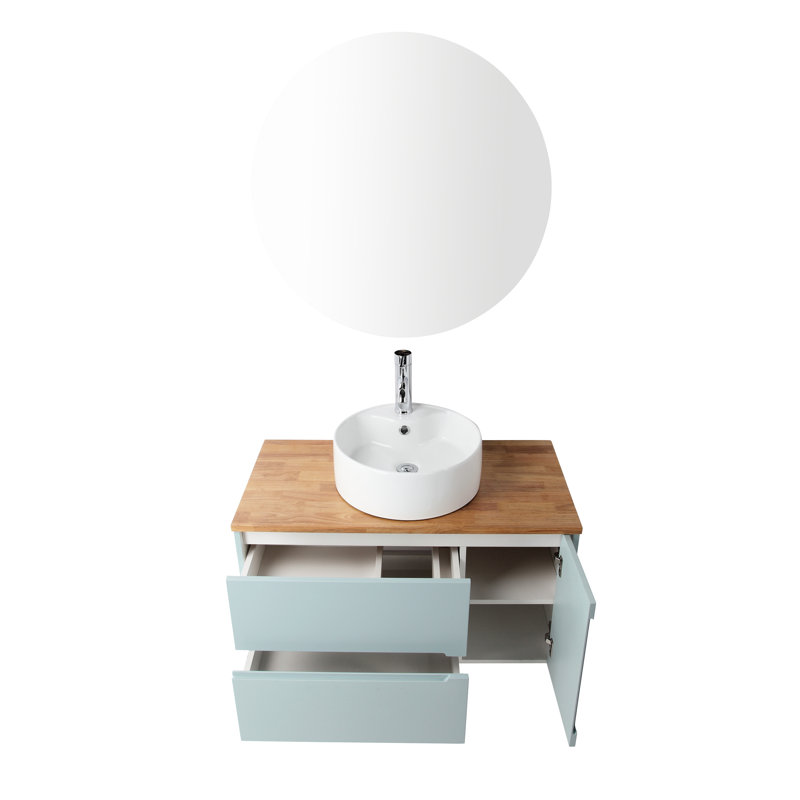 Meuble-lavabo mural: double tiroir 36 po + porte simple, armoire bleue, plateau en bois massif, lavabo rond, miroir facile à utiliser, tiroir en céramique naturelle et grand espace de rangement