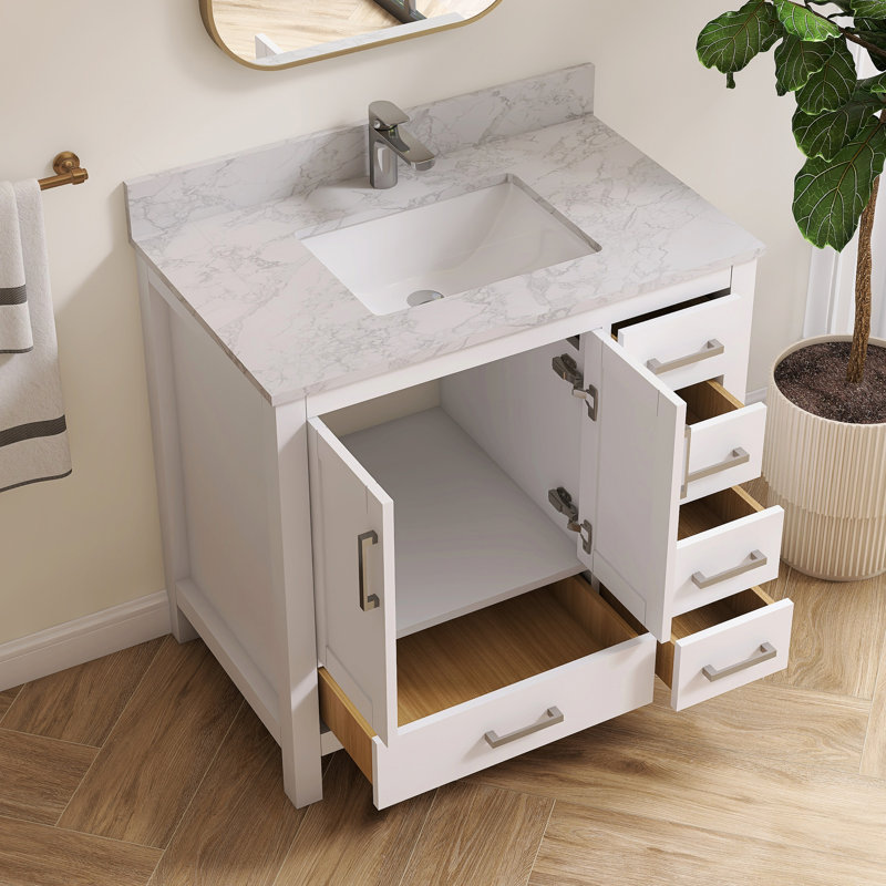 Aura 36'' Fully Assembled Single Bathroom Vanity Set With White Granite Top and Backsplash, 36"