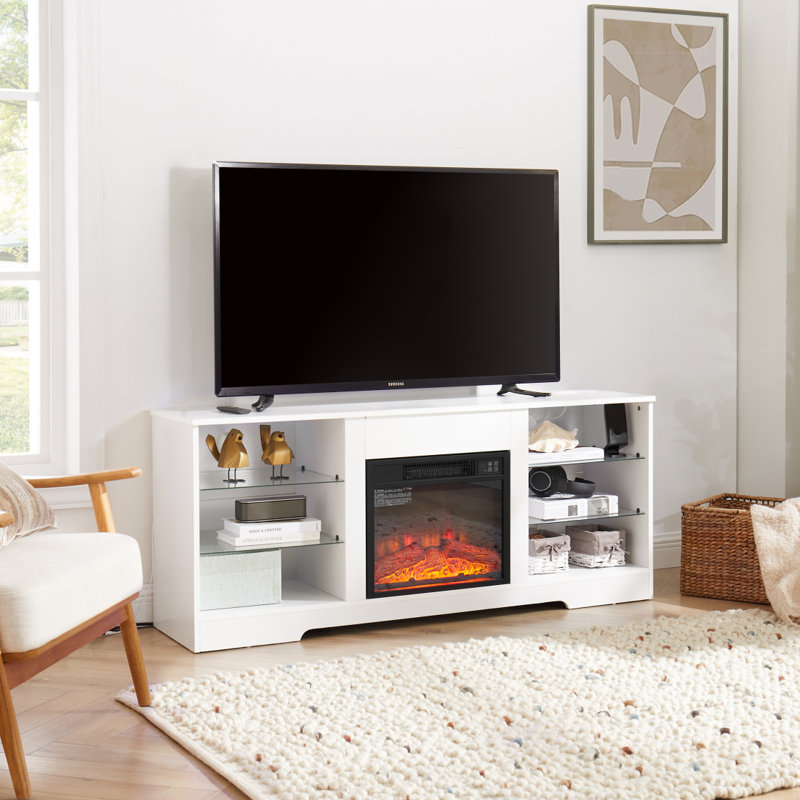 TV Stand Electric Fireplace TV Stand With Glass Shelves, 3D Fireplace TV Stand With LED Lights Wood With USB Charging Outlet Modern Television Table Center For TV Up To 32-62" White 58''W*15.4''D*24.4