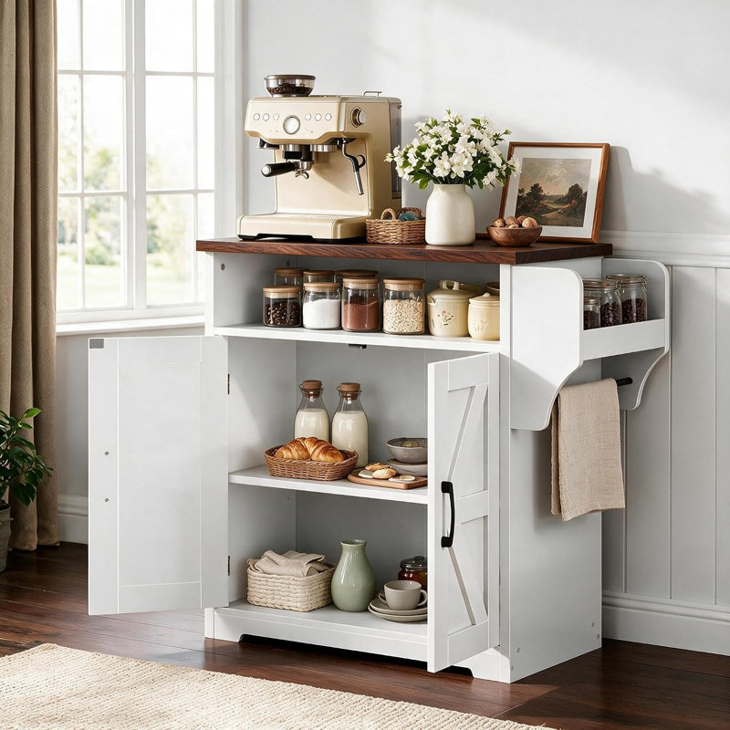 Meuble-bar à café et buffet de style campagnard, étagère flottante et crochets de rangement pour la cuisine, blanc et noyer