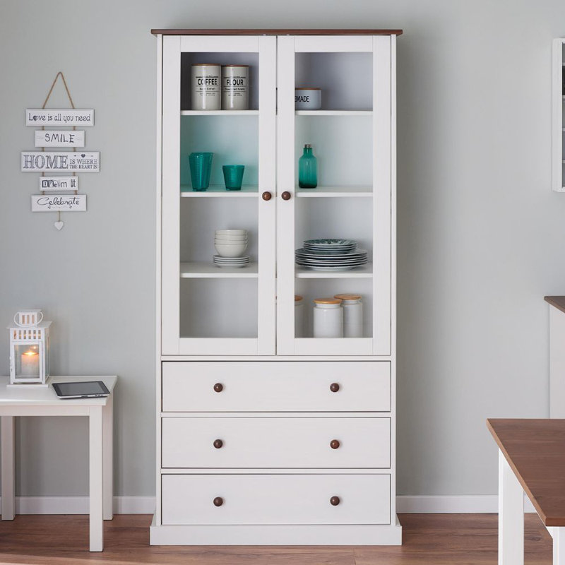 Pierro 90 cm Display Cabinet FSC - Pine Solid Wood, White/Sepia