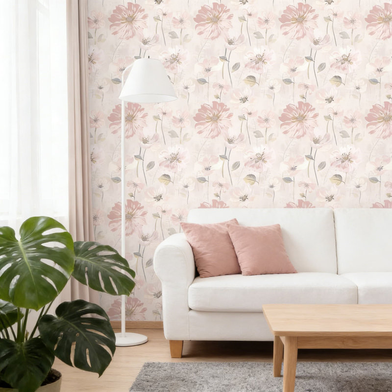 Papier peint auto-adhésif en vinyle à peler et coller à motif d'aquarelle floral rose pour murs
