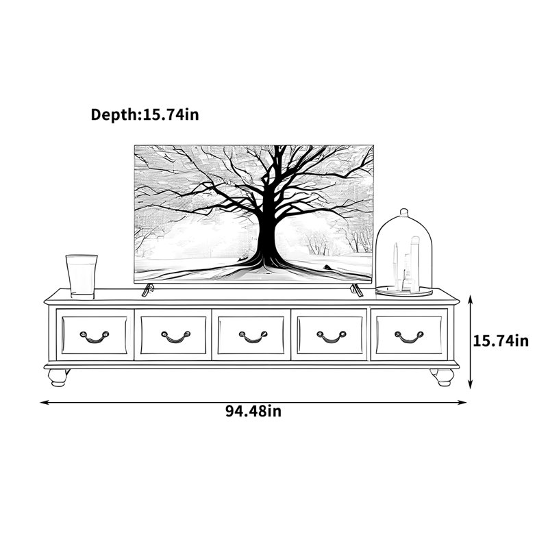 Meuble télé en bois massif avec pieds en bois, H 15,74 po x L 94,48 po x l 15,74 po