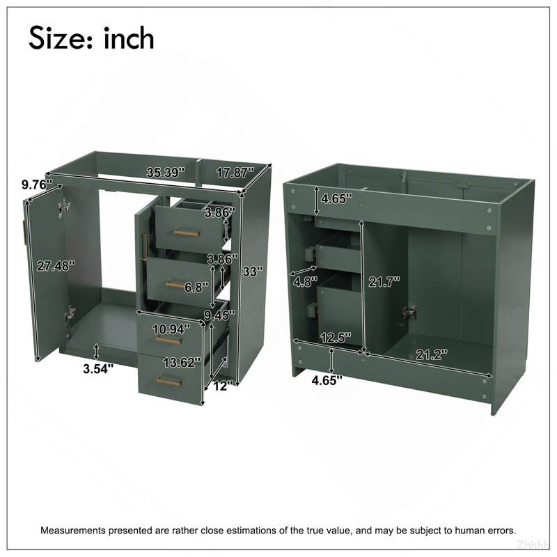 Meuble-lavabo de 36 po sans lavabo supérieur, armoire de rangement en bois massif, meuble-lavabo autoportant avec 3 tiroirs et portes à fermeture douce