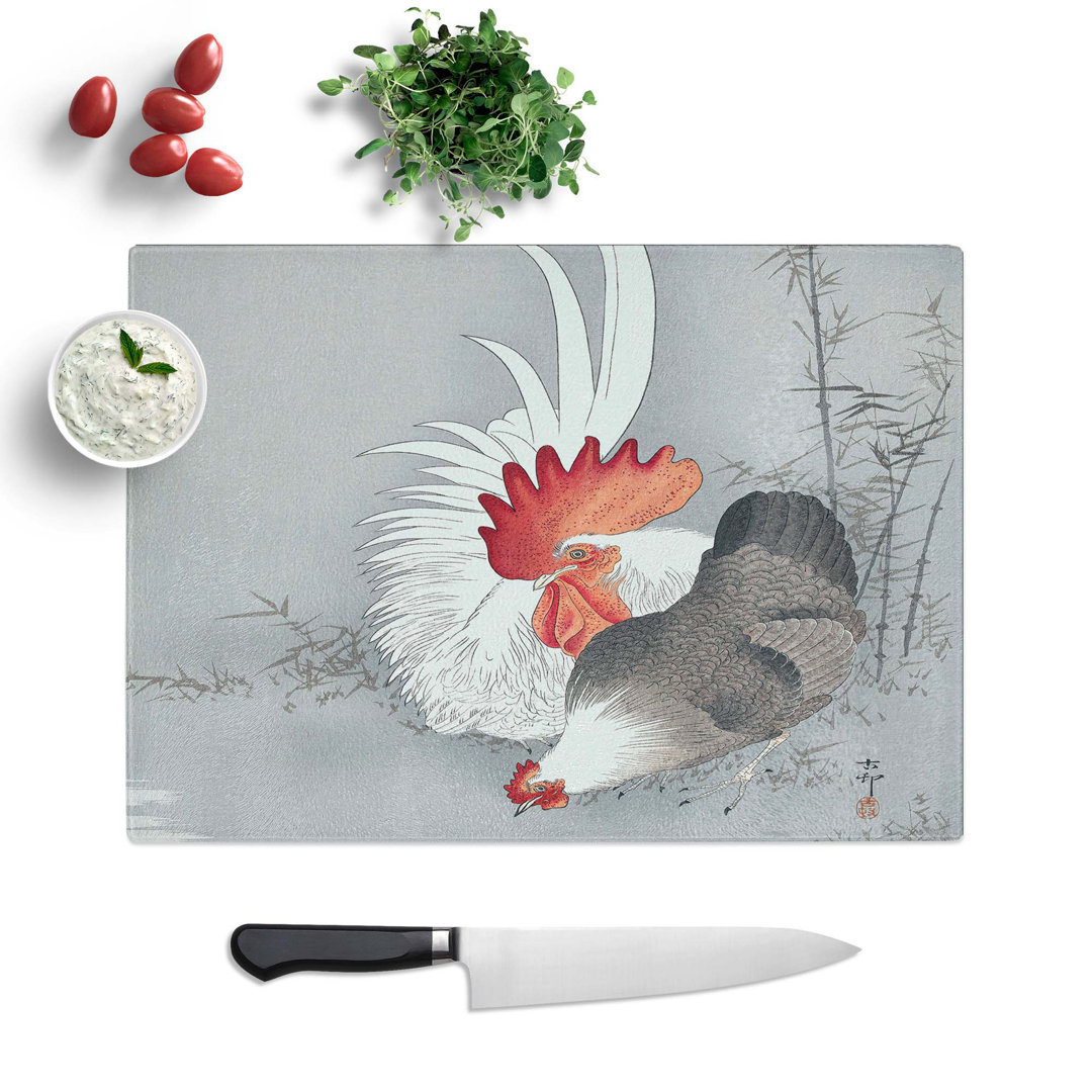 Tempered Glass Rooster and Chicken by Ohara Koson Chopping Board