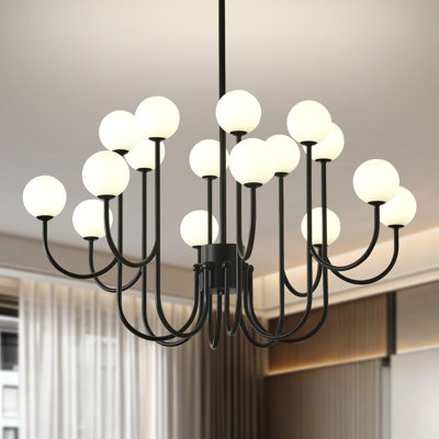 Lustre noir moderne 16 lumières pour salle à manger Spoutnik, luminaire suspendu Mid-Century moderne avec abat-jour en verre de lait pour îlot de cuisine pour chambre à coucher