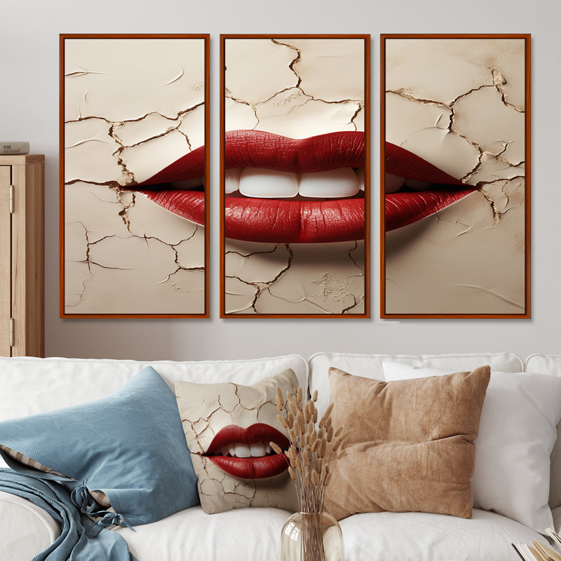 Ensemble de salon Landyn - Fashion Lips Wall Art, Cadre flottant brun, H 32 po x l 48 po x P 1 po