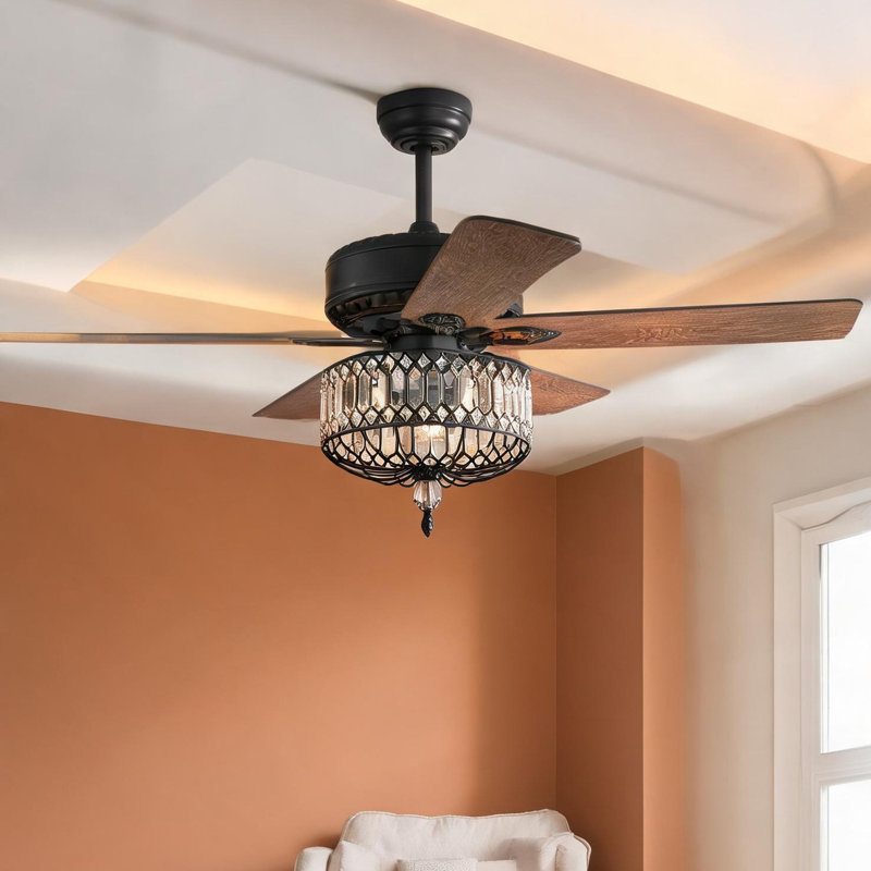 Élégant ventilateur de plafond noir moderne avec moteur à courant continu, pales en contreplaqué de 52 pouces et lumière en cristal
