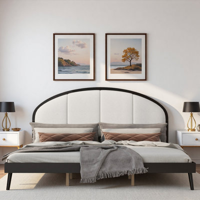 Upholstered Platform Bed with Arched Linen Headboard