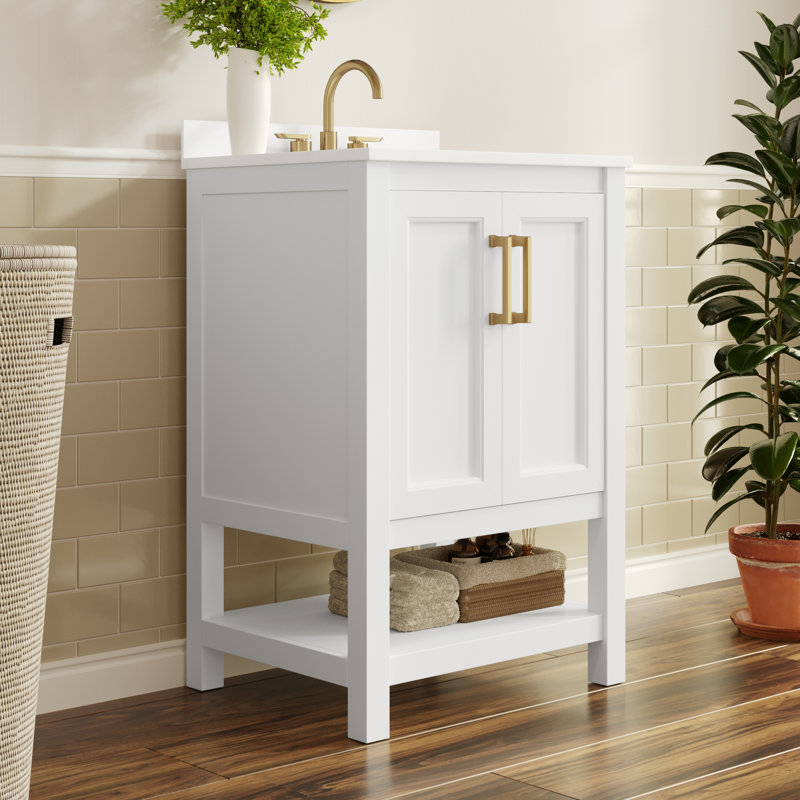 Canita 24'' Bathroom Vanity with Undermount Sink and Open Storage Shelf, White, Gold