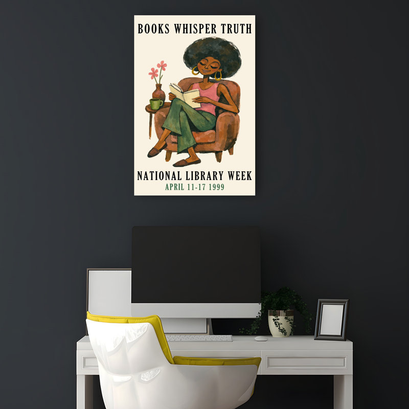 Femme afro lisant une fleur rétro rétro, art mural, 18" H x 12" W