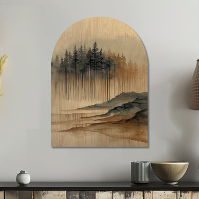 Forêt brumeuse de conifères I - Décoration murale en bois arqué avec des pins