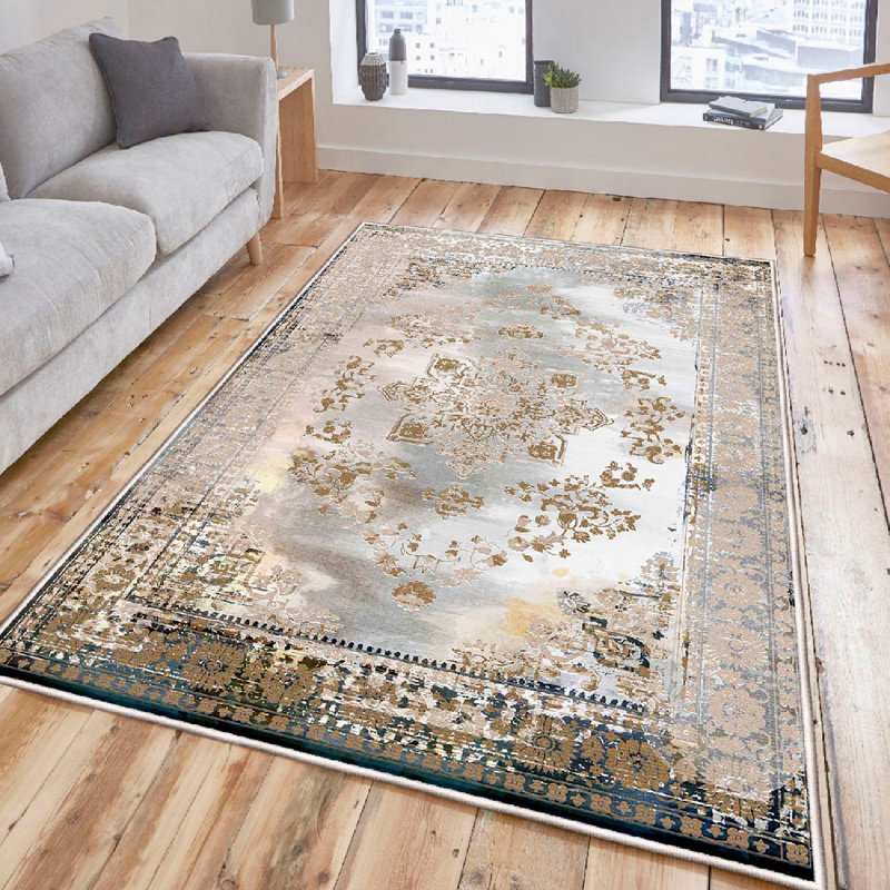 Premium 100% Cotton Area Rug (4 x 6 ft), Cream, Grey & Camel | 1200 g/m², 0.3 in Pile Height, Antibacterial, Non-Slip PVC Underside | Machine Washable, Ideal for Living Room, Bedroom & Dining Area
