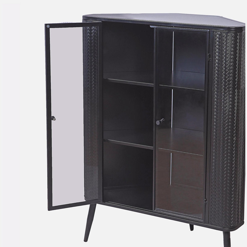 3-Tier Corner Storage Cabinet with Tempered Glass Doors and Metal Frame, Freestanding Space-Saving Organizer for Bathroom, Kitchen, Bedroom, Living Room