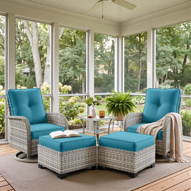 Ensemble de chaises pivotantes d'extérieur 5 pièces avec coussins, repose-pieds et table d'appoint, Bleu turquoise
