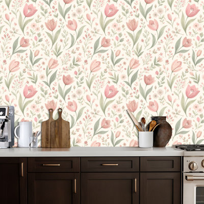 Papier peint auto-adhésif amovible à motif floral de fleurs crème et de fleurs sauvages, vert, rose, vert et blanc