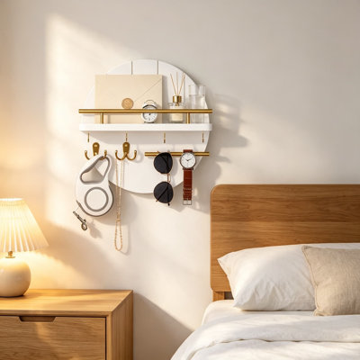 Wall Mount Key Holder with Shelf, 11.8 Inch Rustic Wooden Mail Organizer, 6 Hooks Circular Hanger for Entryway Hallway Kitchen