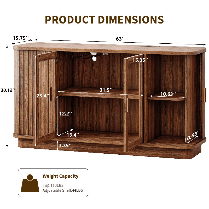 Buffet moderne 63 "avec portes en verre et portes coulissantes cannelées, armoire à café en bois, Black