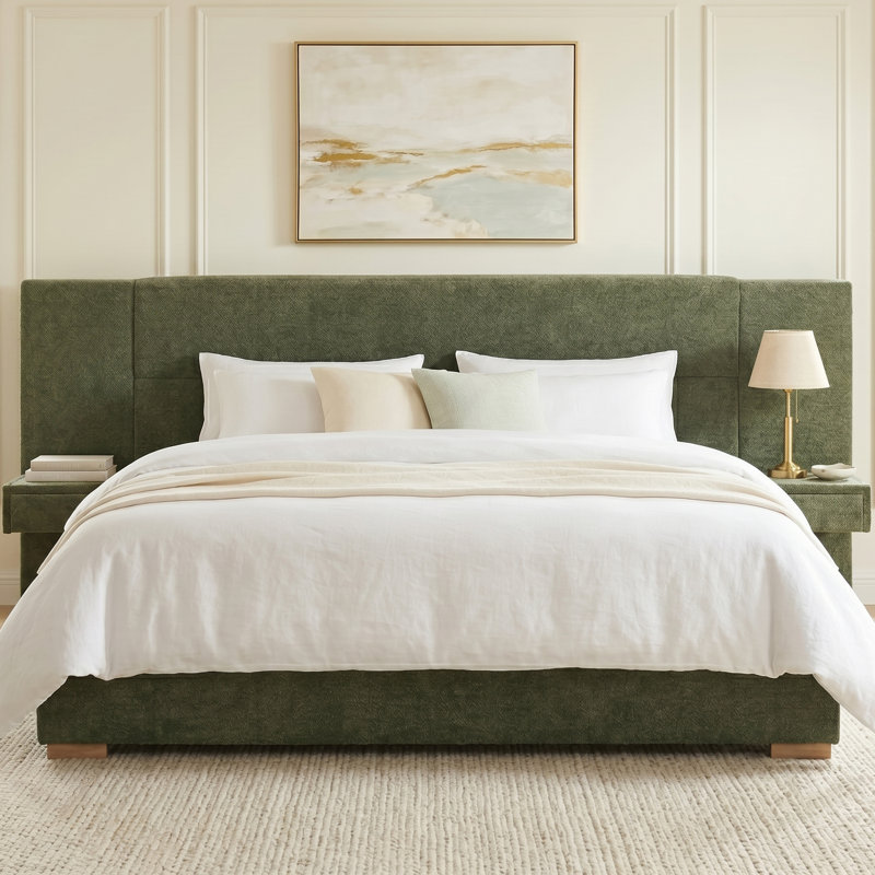 Modern Wide-Panel Upholstered Bed with Nightstands and 2 Drawers, King, Turtle Linen, Turtle, King